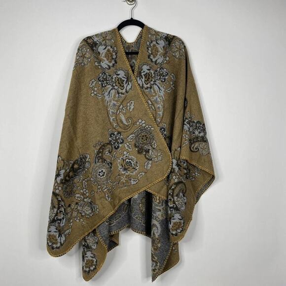 2/$24 NEW Boho Floral Ruana Oversized Open Wrap Poncho Blanket Scarf - Picture 3 of 10
